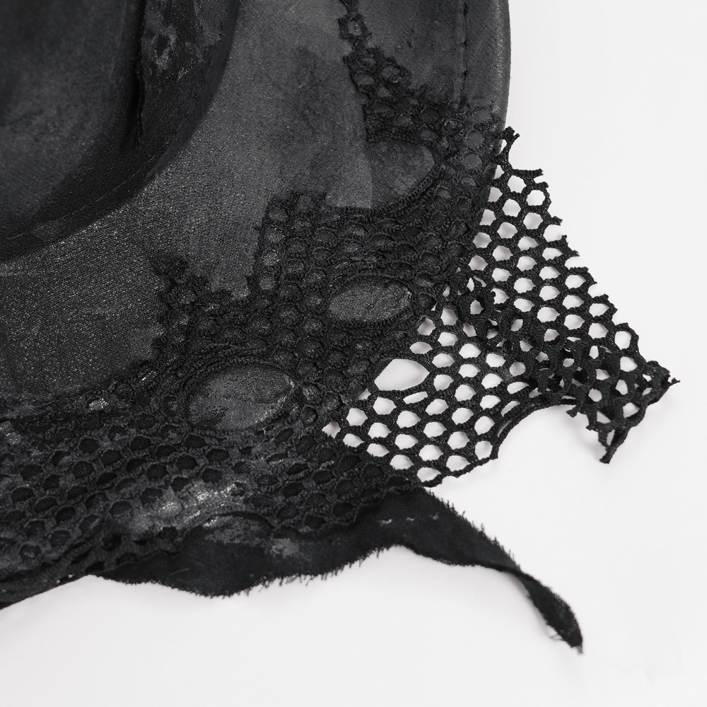 Black Gothic Cowboy Hat with Distressed Mesh Patch Details