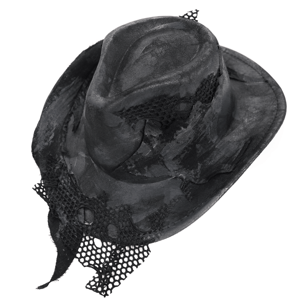 Black Gothic Cowboy Hat with Distressed Mesh Patch Details