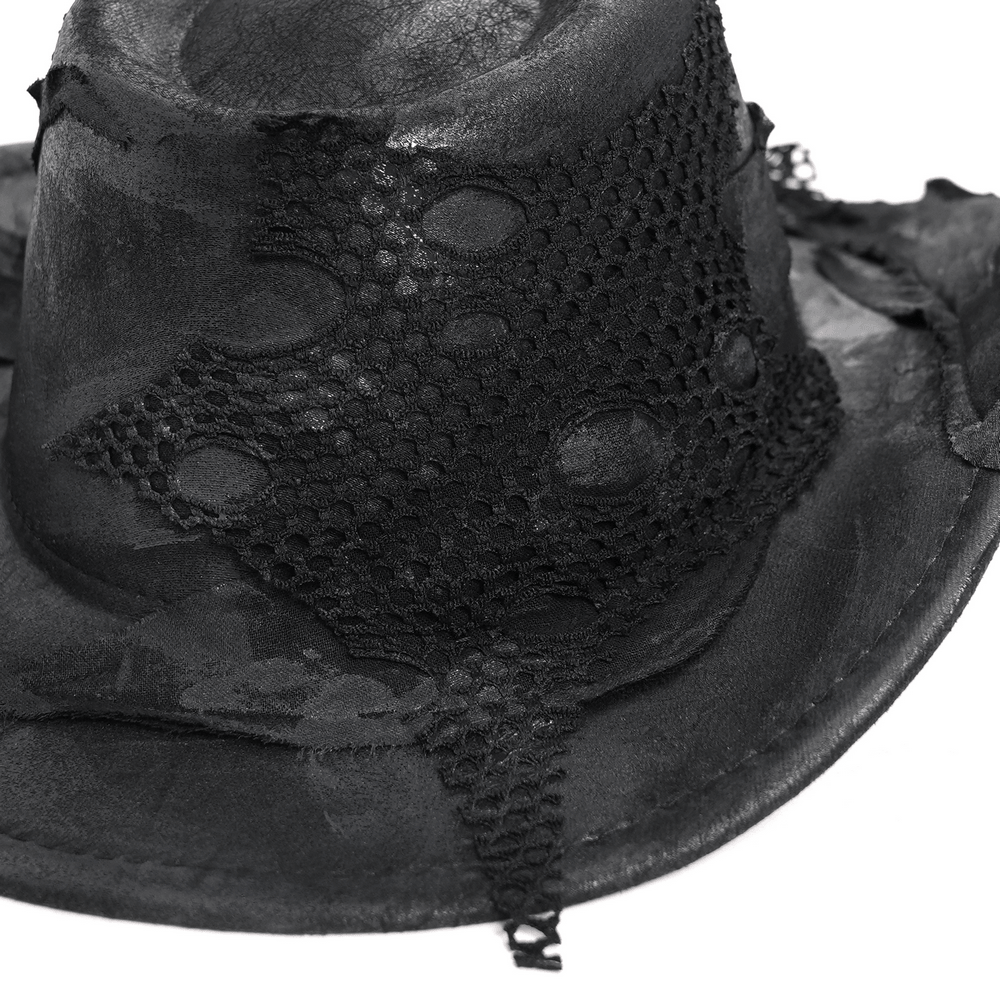 Black Gothic Cowboy Hat with Distressed Mesh Patch Details