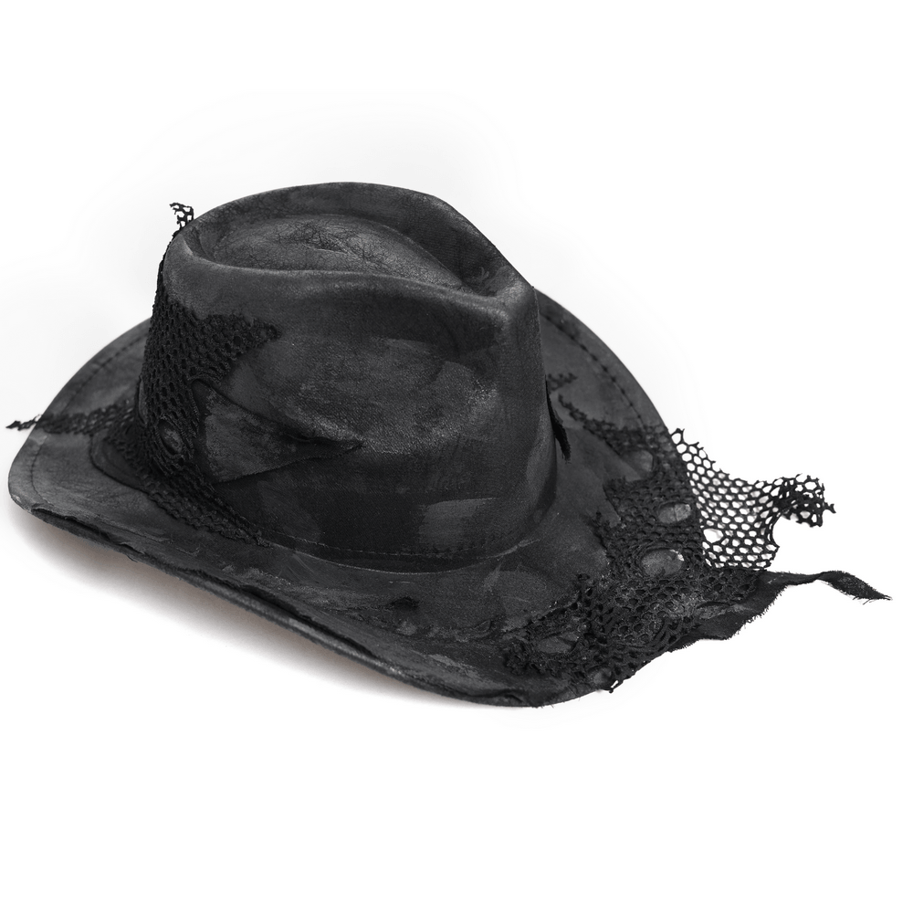 Black Gothic Cowboy Hat with Distressed Mesh Patch Details