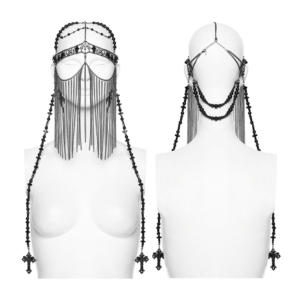 Black Gothic Cross Tassel Chain Headpiece and Face Veil