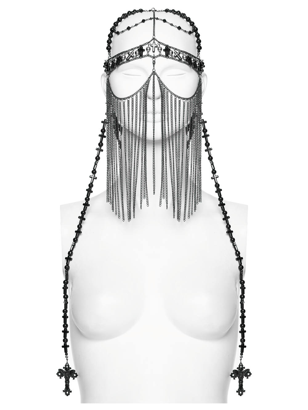 Black Gothic Cross Tassel Chain Headpiece and Face Veil