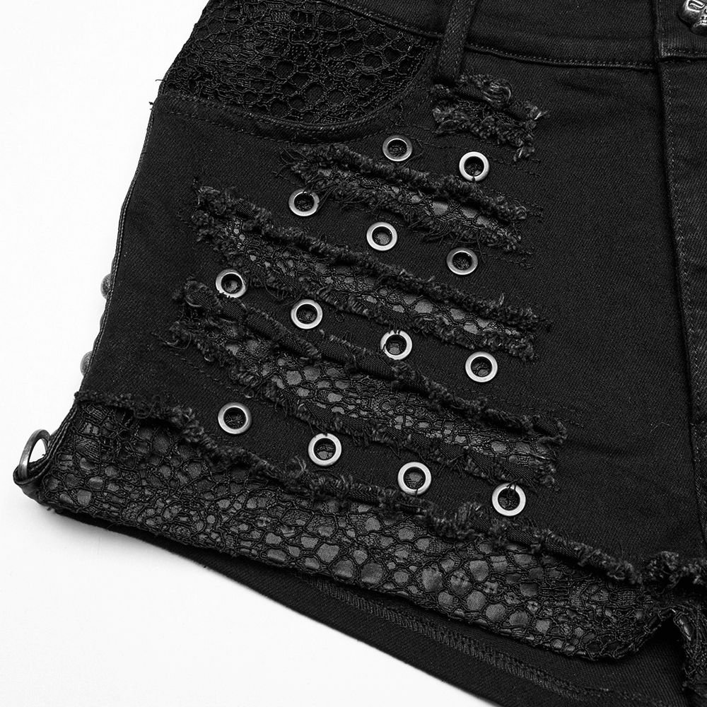Black Gothic Distressed Denim Shorts with Eyelets