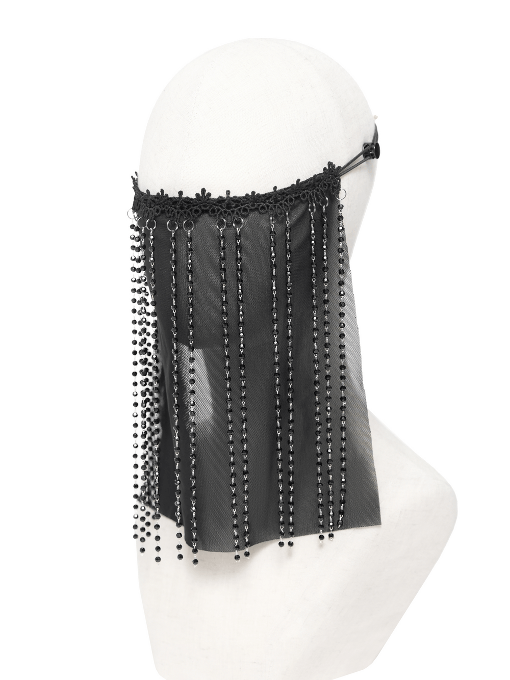 Black Gothic Face Veil Mask with Beaded Fringe