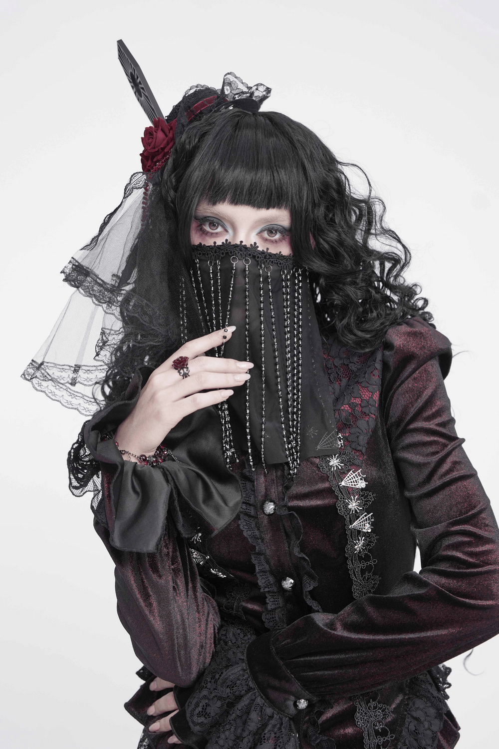 Black Gothic Face Veil Mask with Beaded Fringe