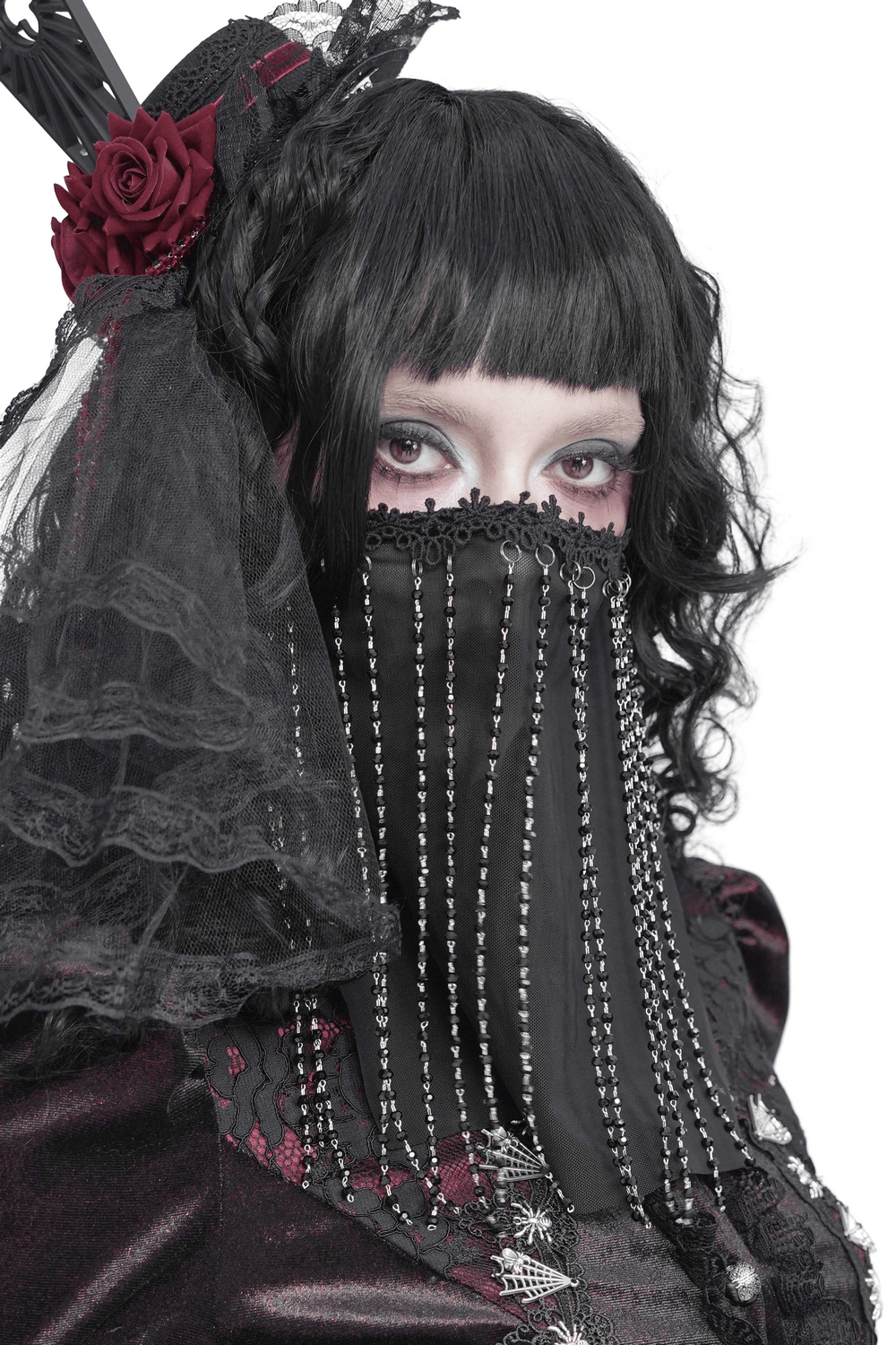 Black Gothic Face Veil Mask with Beaded Fringe