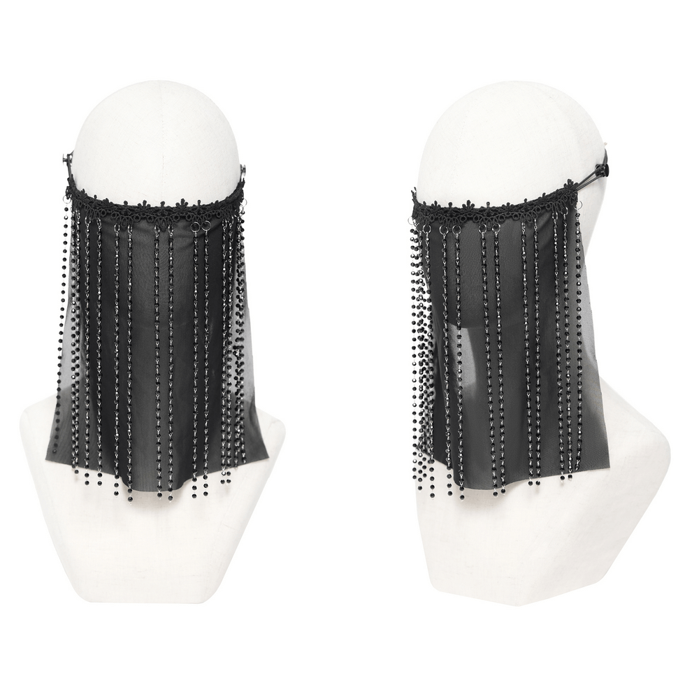 Black Gothic Face Veil Mask with Beaded Fringe