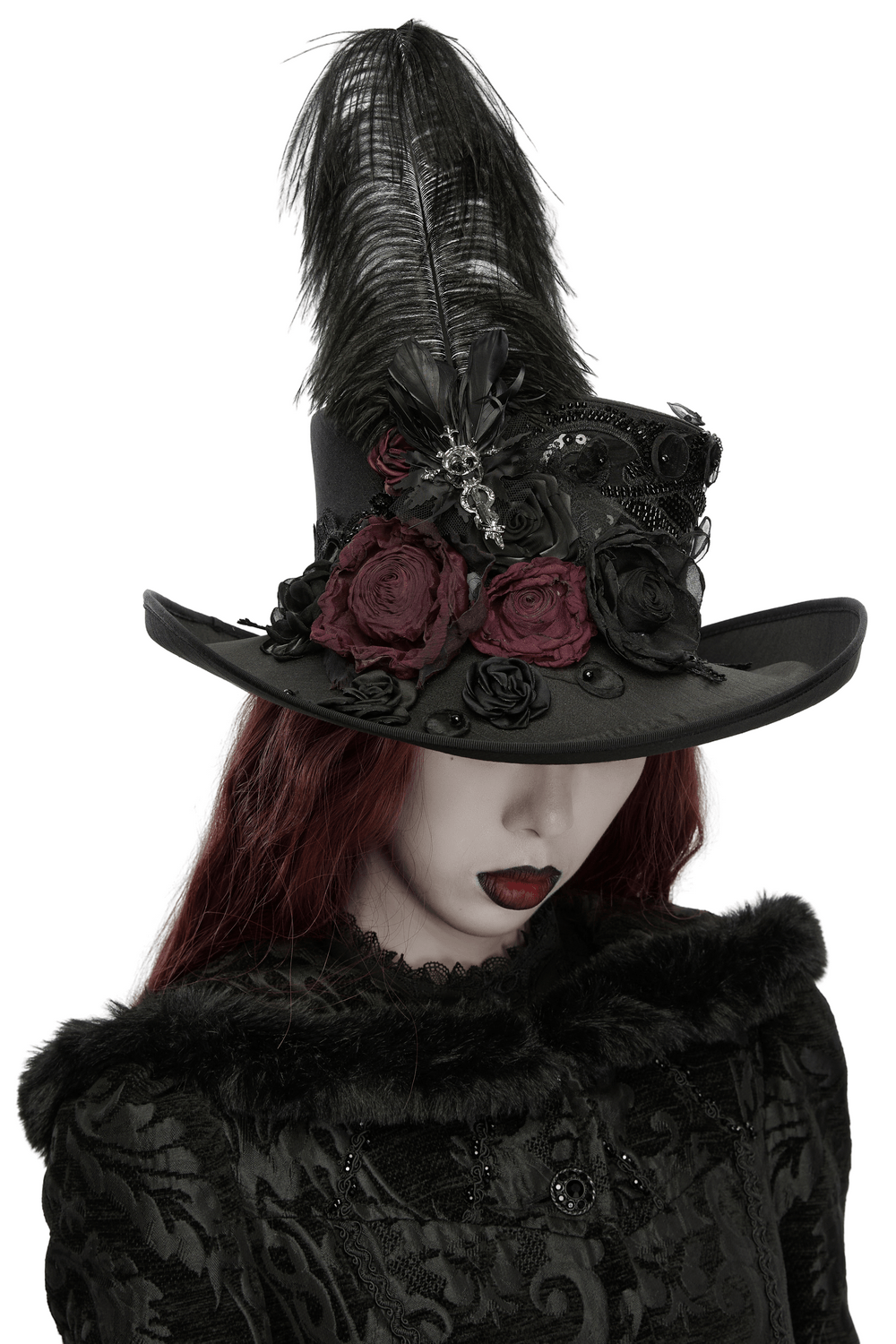 Black Gothic Feather Top Hat with Bloody Roses