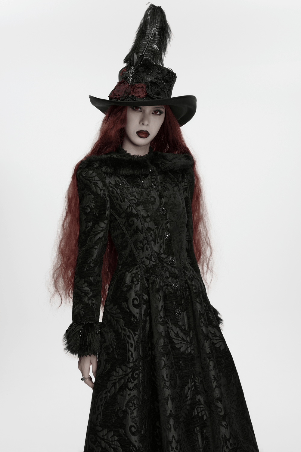 Black Gothic Feather Top Hat with Bloody Roses