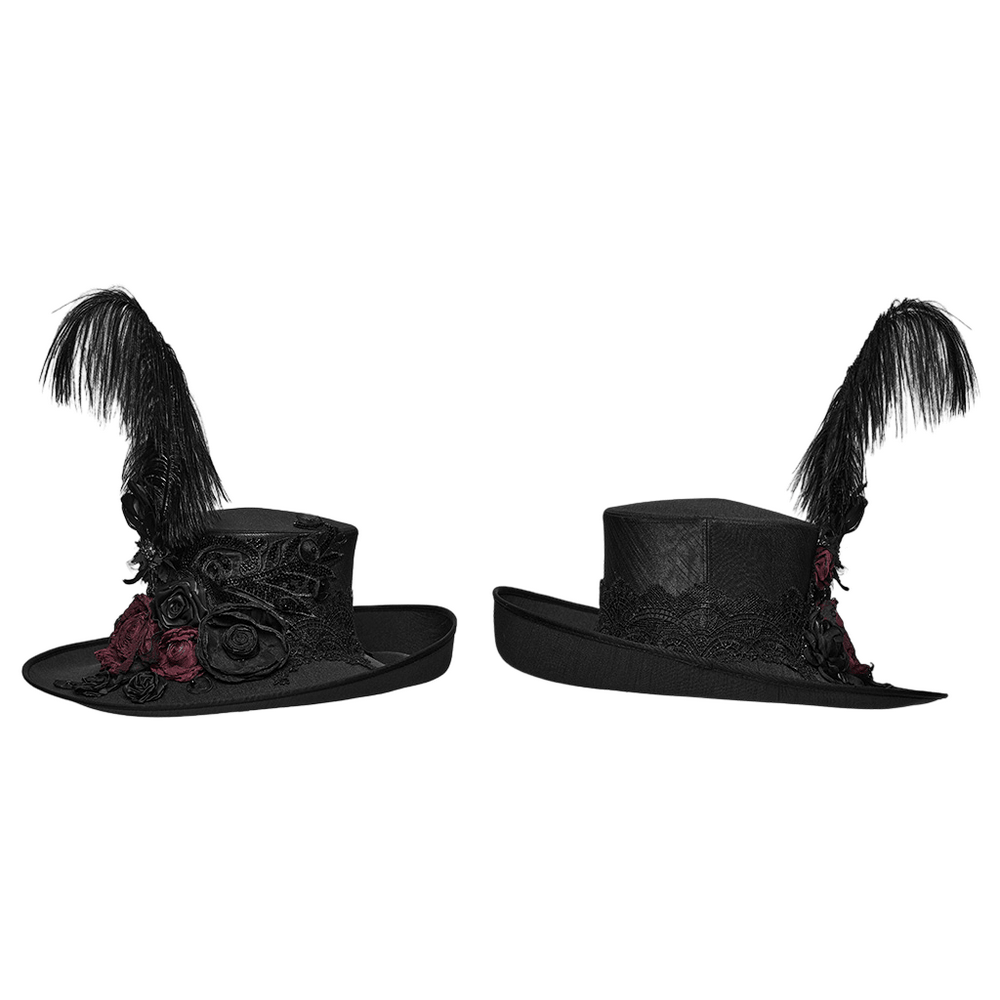 Black Gothic Feather Top Hat with Bloody Roses