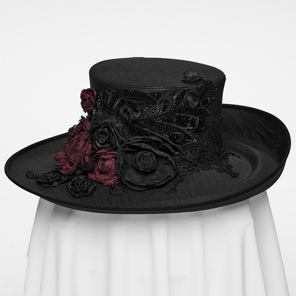Black Gothic Feather Top Hat with Bloody Roses