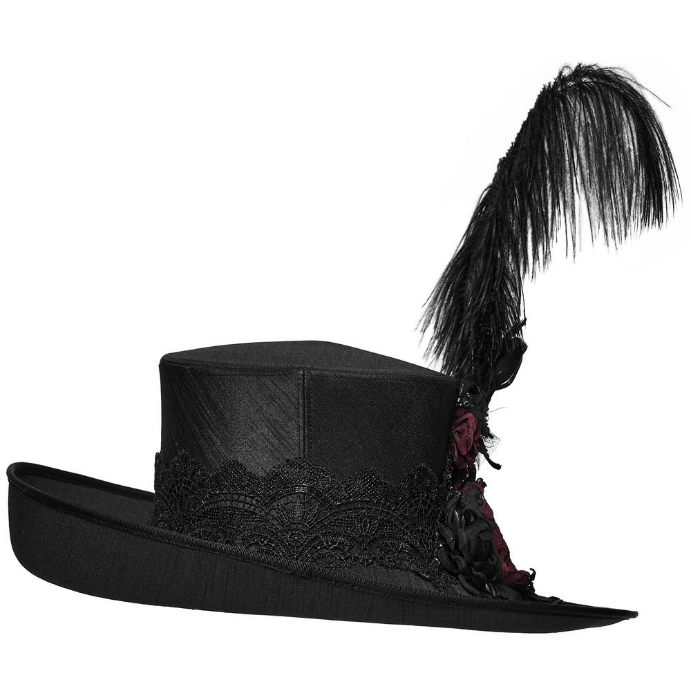 Black Gothic Feather Top Hat with Bloody Roses