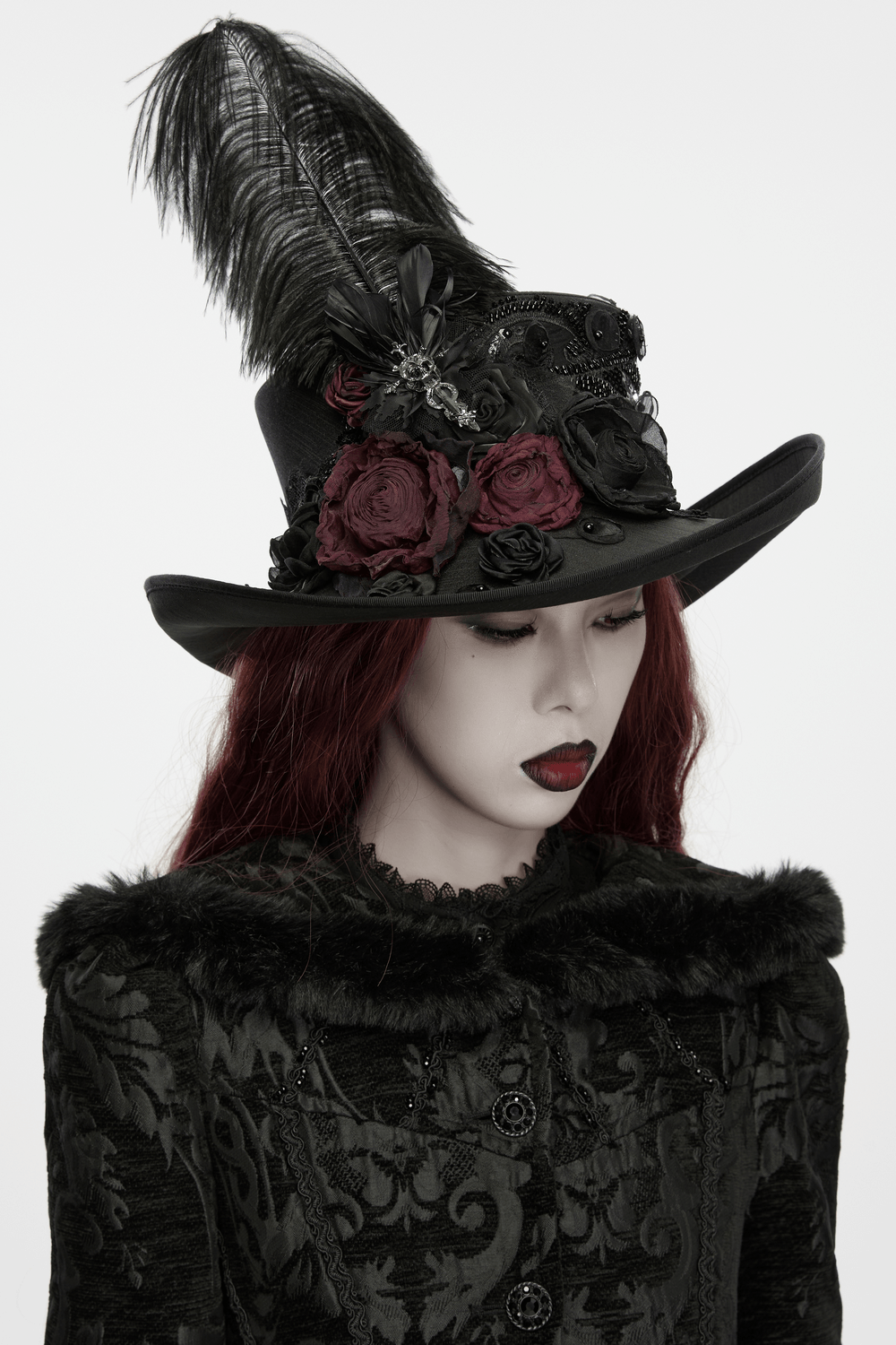 Black Gothic Feather Top Hat with Bloody Roses