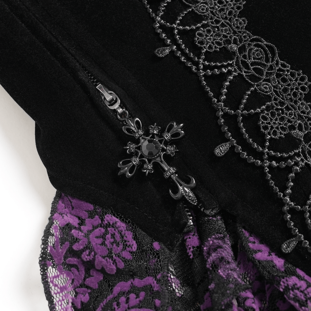 Black Gothic Fringe Corset Bustier with Purple Lace