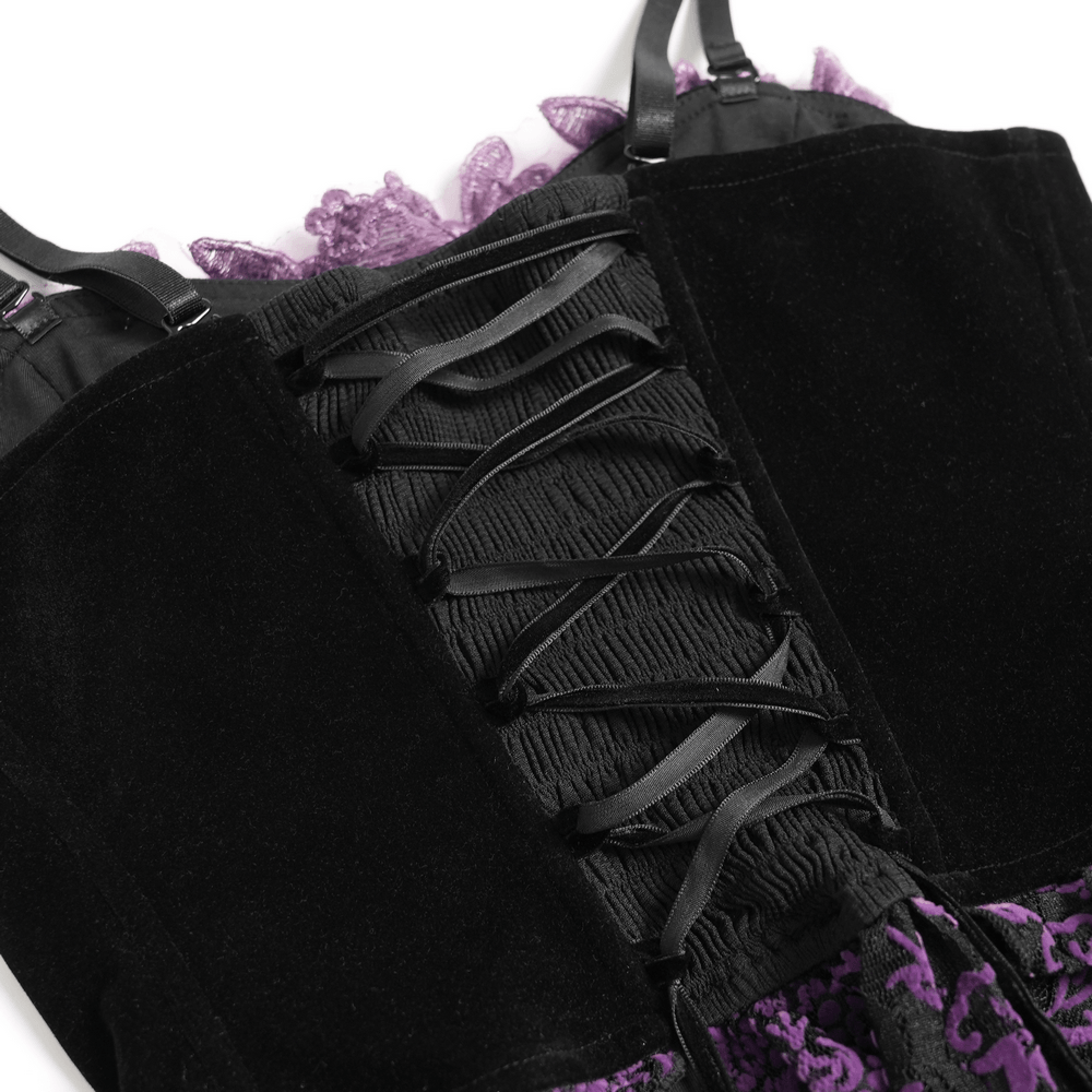 Black Gothic Fringe Corset Bustier with Purple Lace
