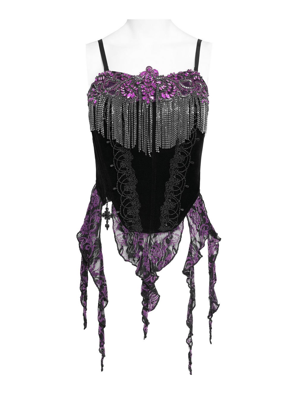 Black Gothic Fringe Corset Bustier with Purple Lace