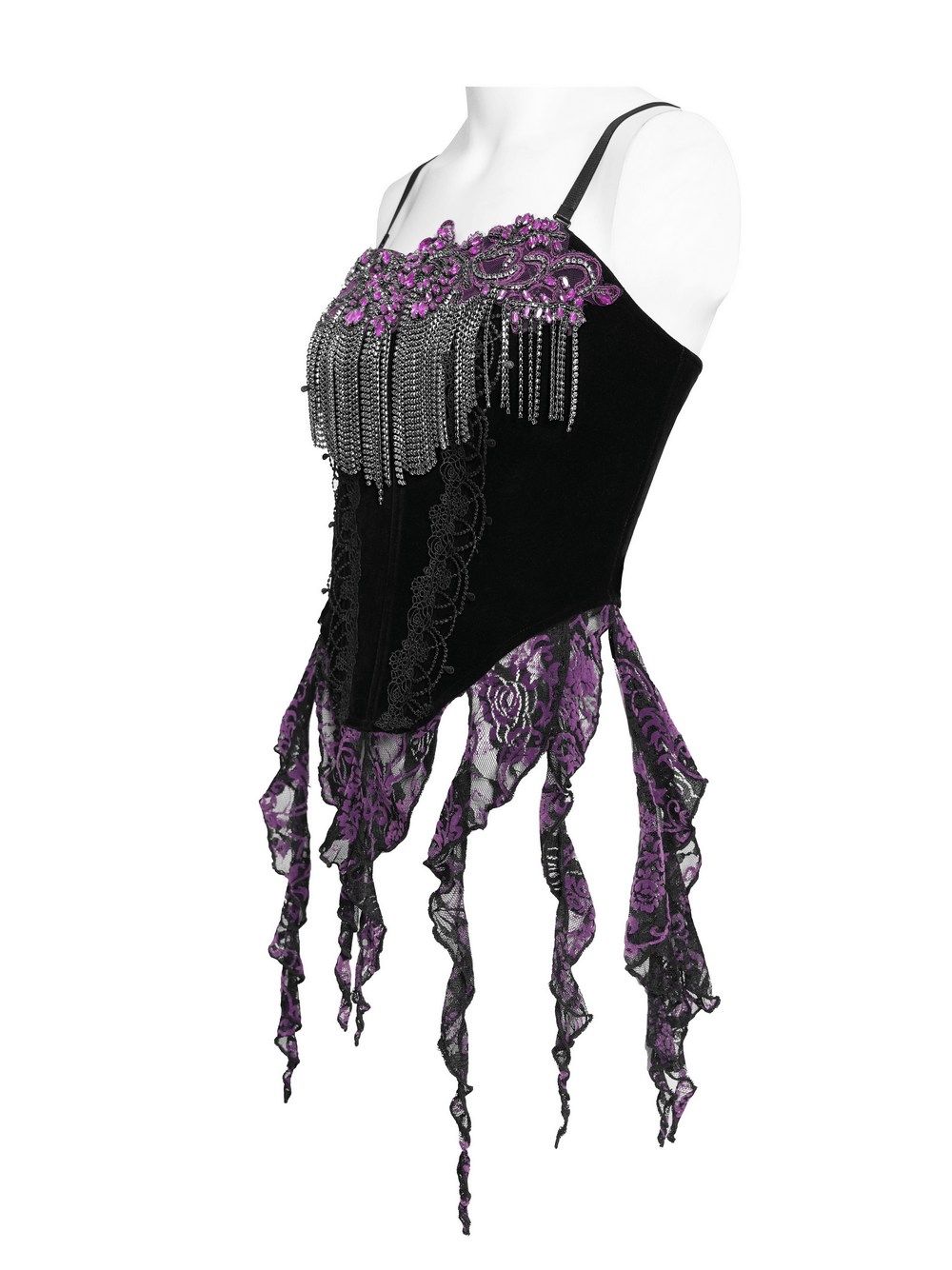 Black Gothic Fringe Corset Bustier with Purple Lace