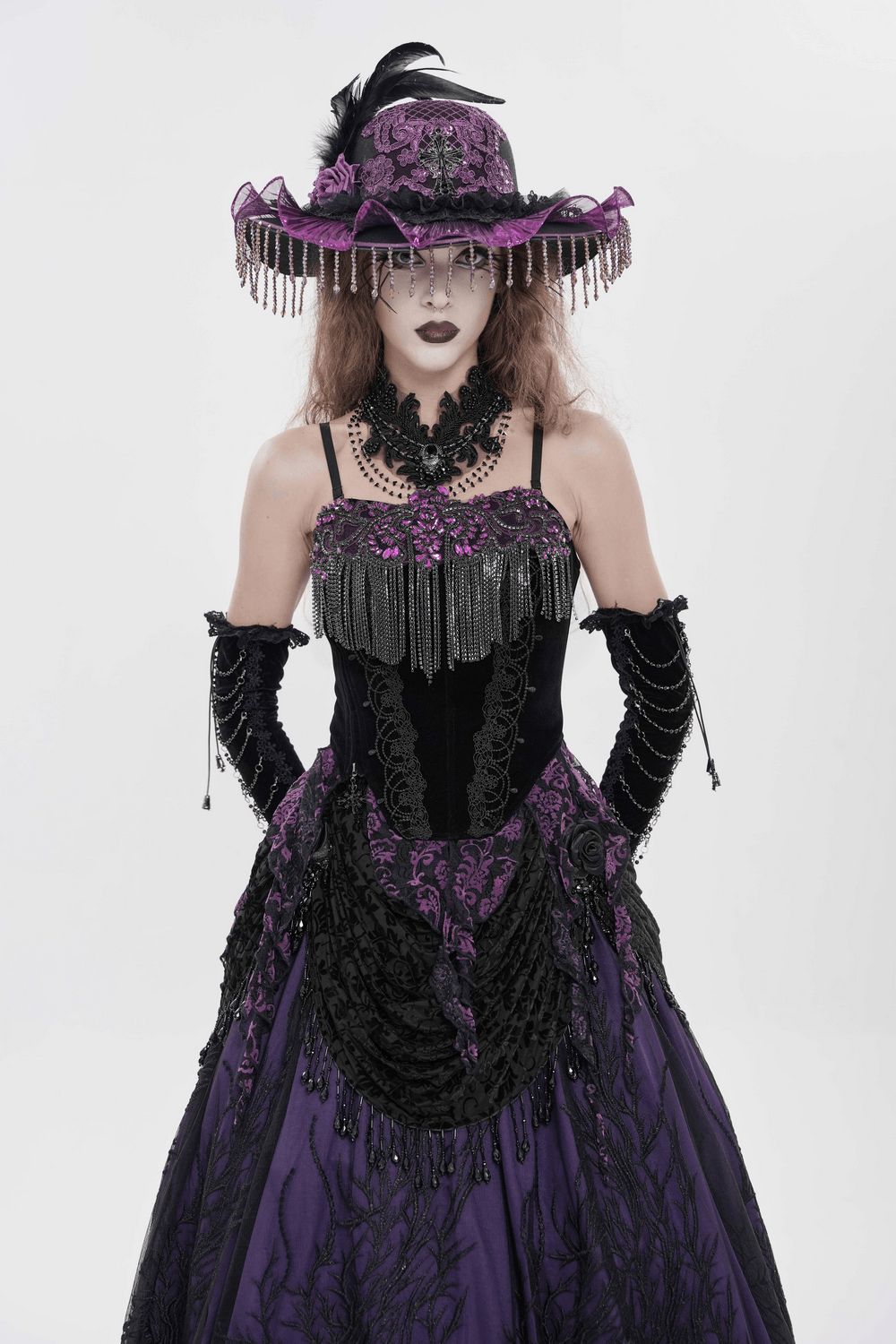 Black Gothic Fringe Corset Bustier with Purple Lace