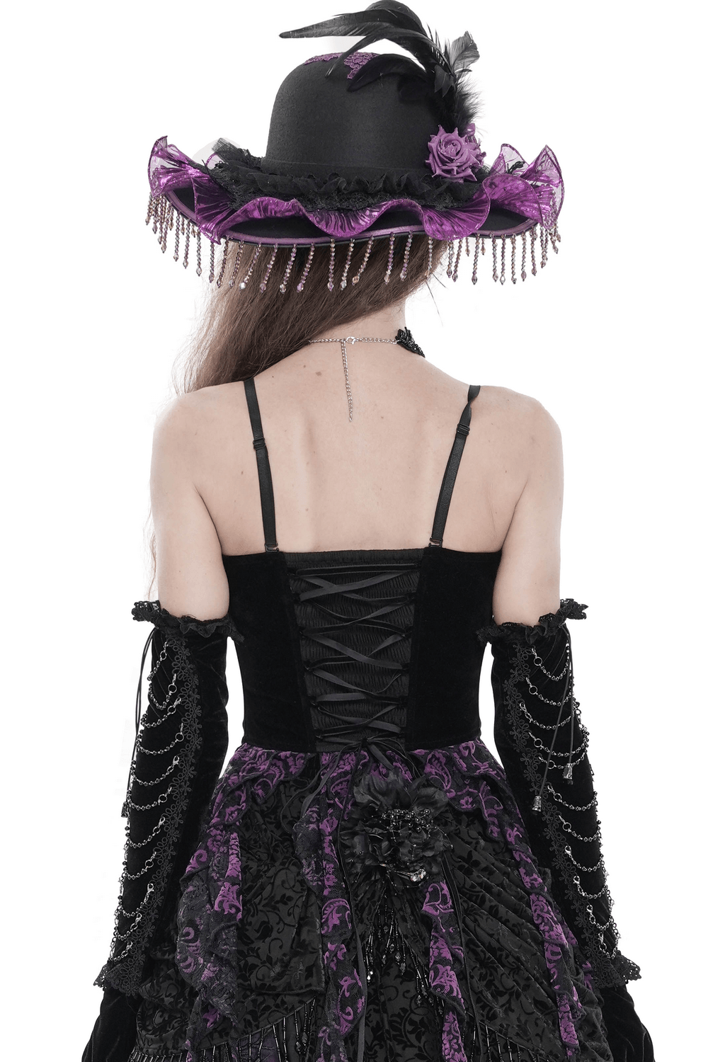 Black Gothic Fringe Corset Bustier with Purple Lace