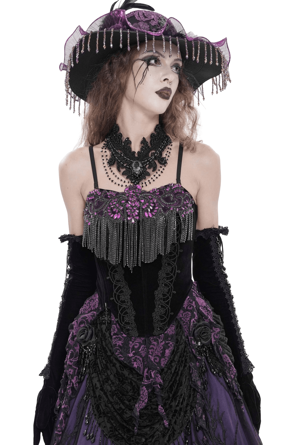 Black Gothic Fringe Corset Bustier with Purple Lace