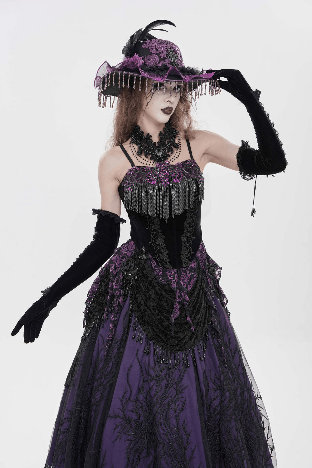 Black Gothic Fringe Corset Bustier with Purple Lace