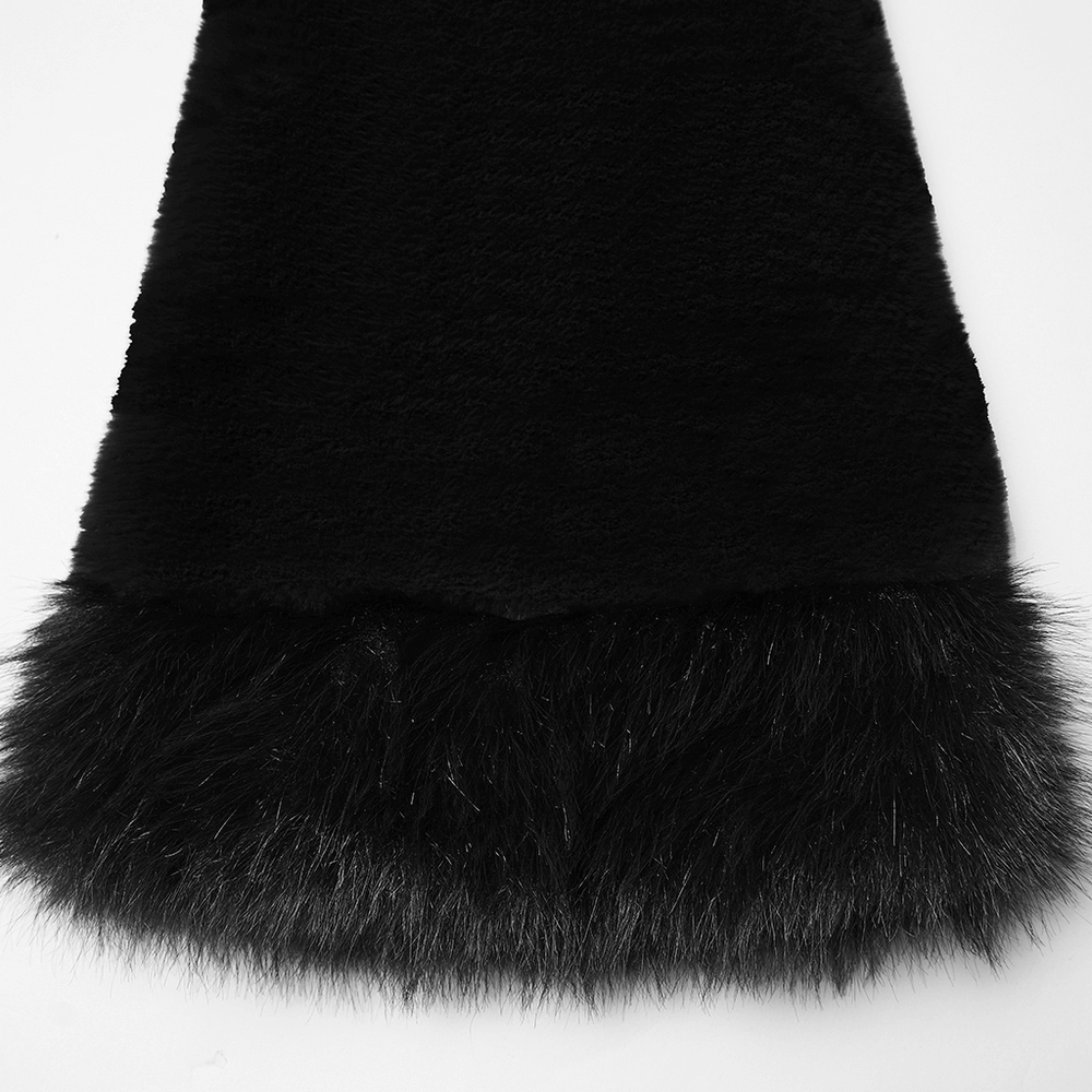 Black Gothic Fur Leg Warmers with Buckle Straps and Trim