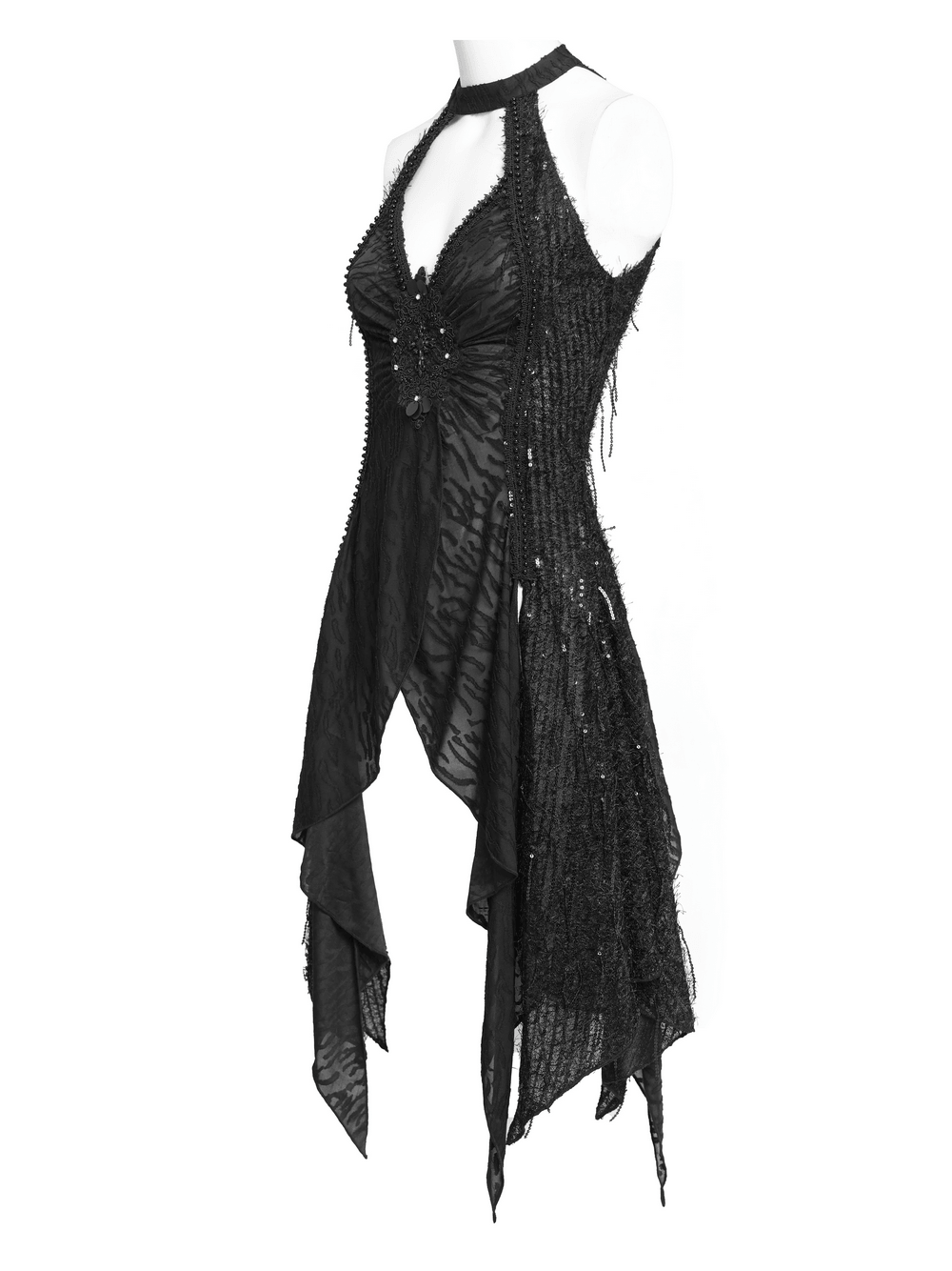 Black Gothic Halter Neck Top with Asymmetric Hemline