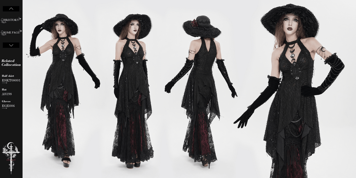 Black Gothic Halter Neck Top with Asymmetric Hemline