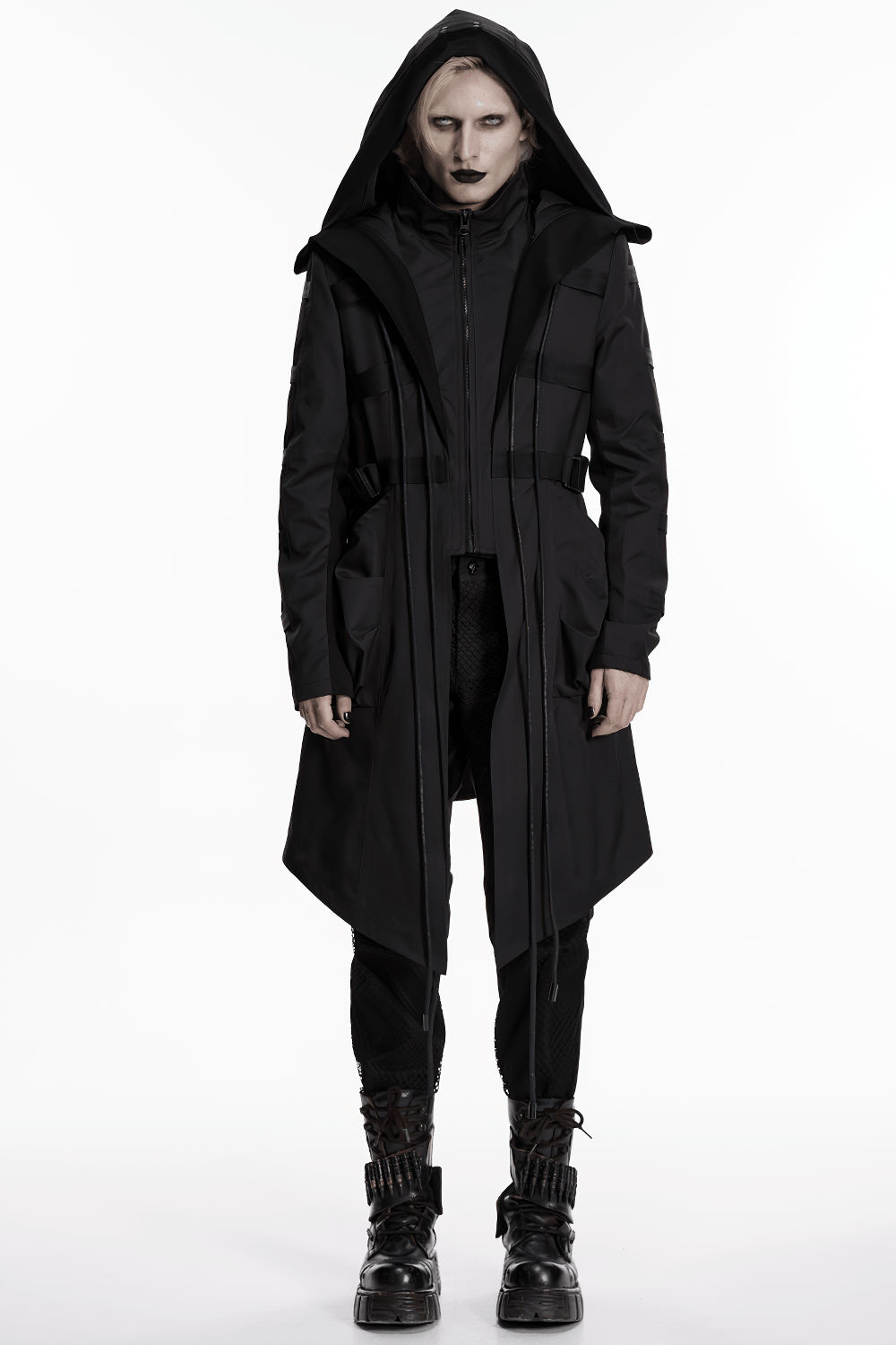 Black Gothic Hooded Coat with Tactical Strap Details