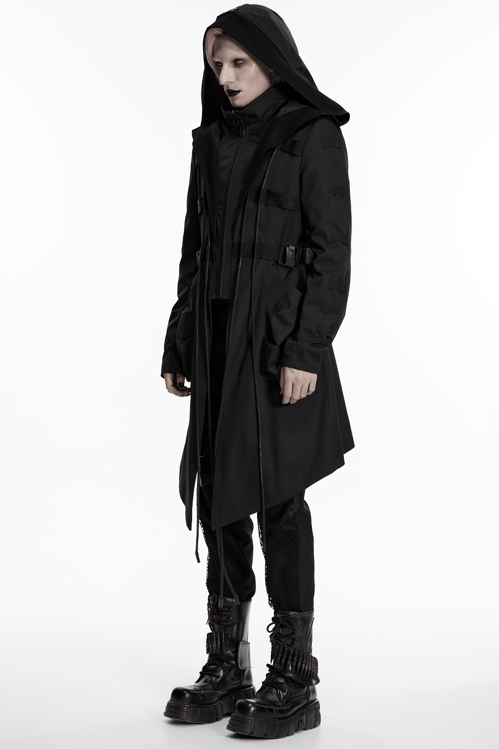Black Gothic Hooded Coat with Tactical Strap Details
