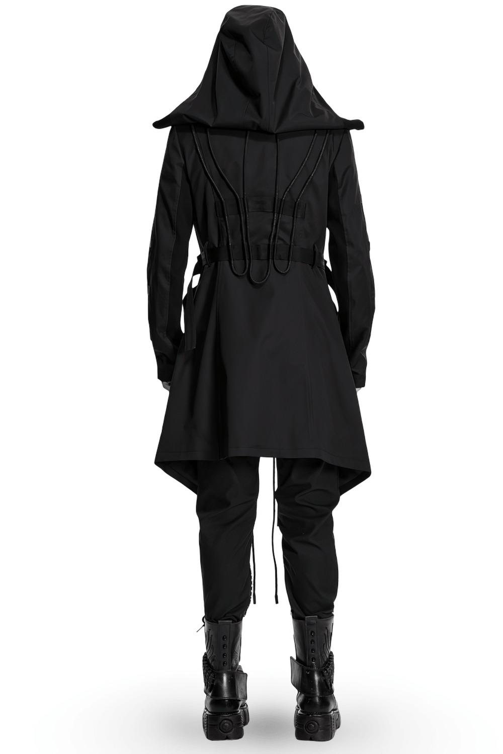 Black Gothic Hooded Coat with Tactical Strap Details