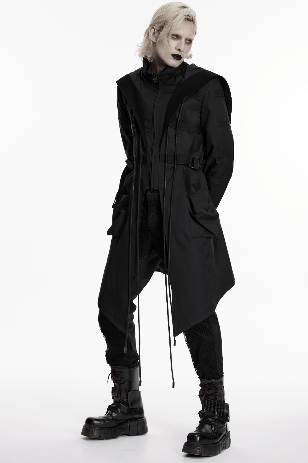 Black Gothic Hooded Coat with Tactical Strap Details
