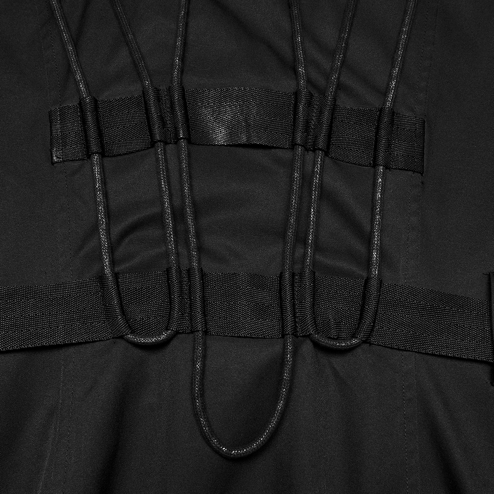 Black Gothic Hooded Coat with Tactical Strap Details