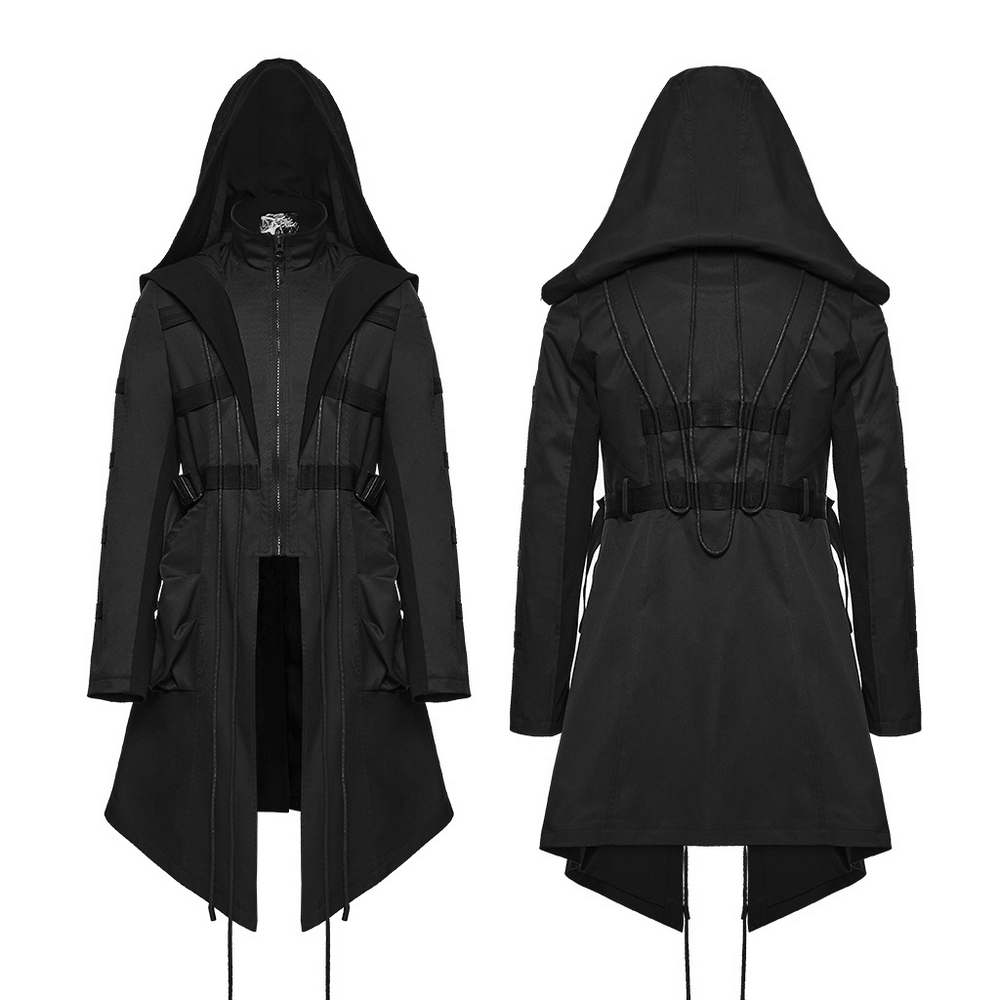 Black Gothic Hooded Coat with Tactical Strap Details