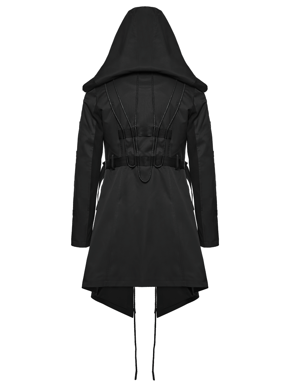 Black Gothic Hooded Coat with Tactical Strap Details