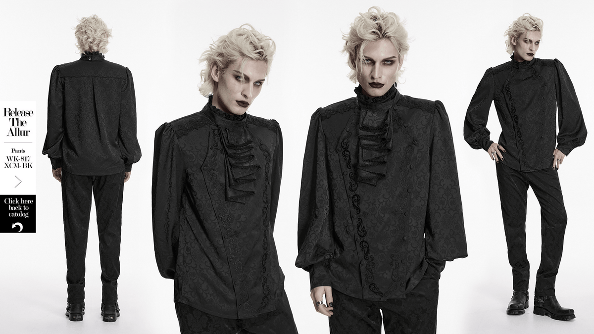 Black Gothic Jacquard Shirt with Ruffled Collar
