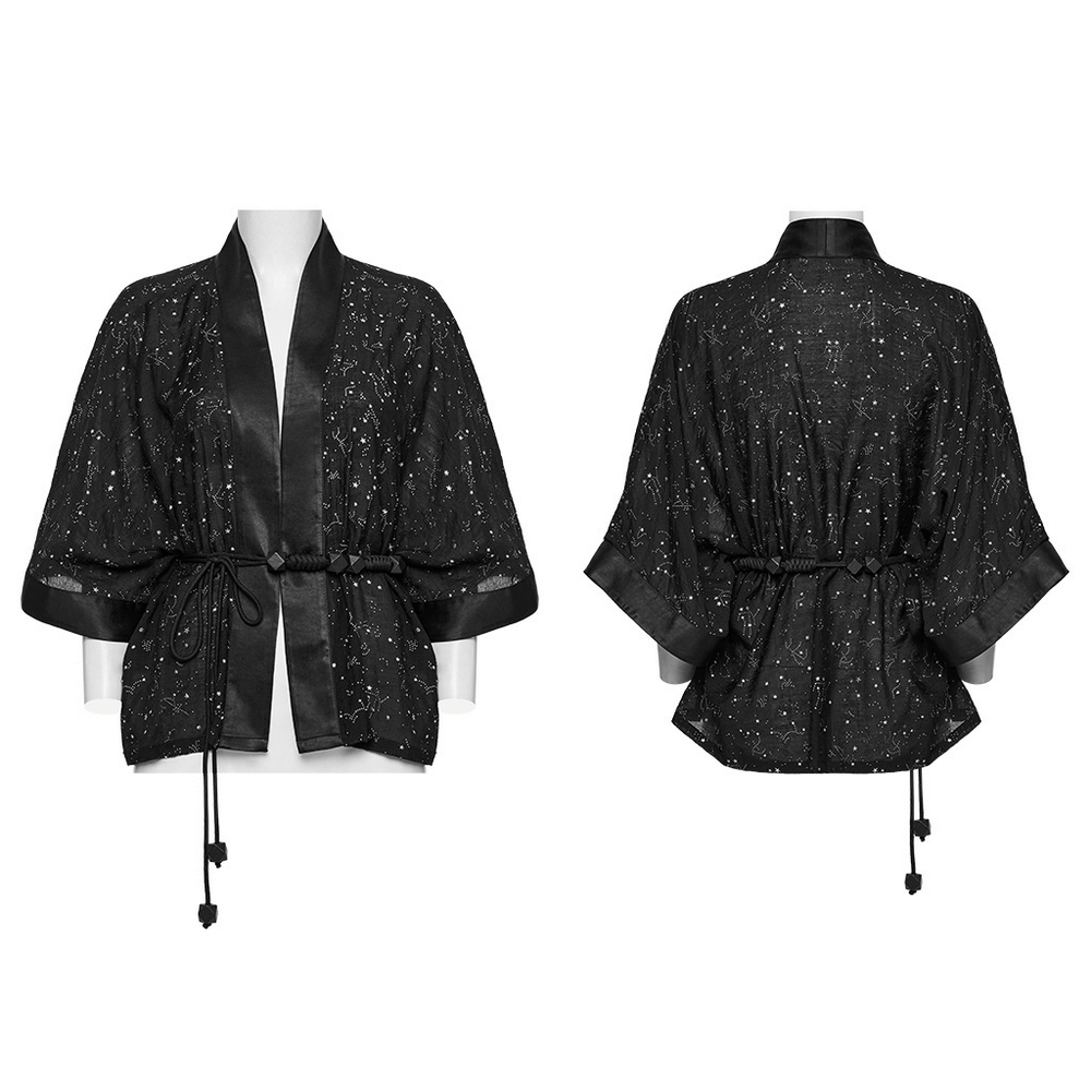 Black Gothic Kimono Cape with Starry Print and Waist Tie