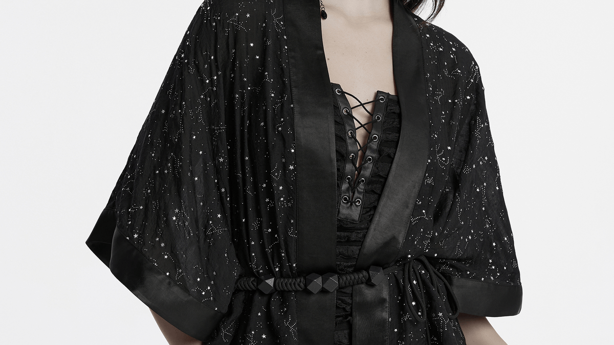 Black Gothic Kimono Cape with Starry Print and Waist Tie