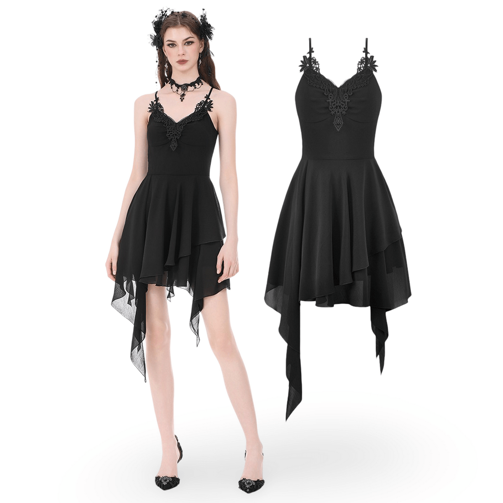 Black Gothic Lace Cami Dress with Asymmetric Hem