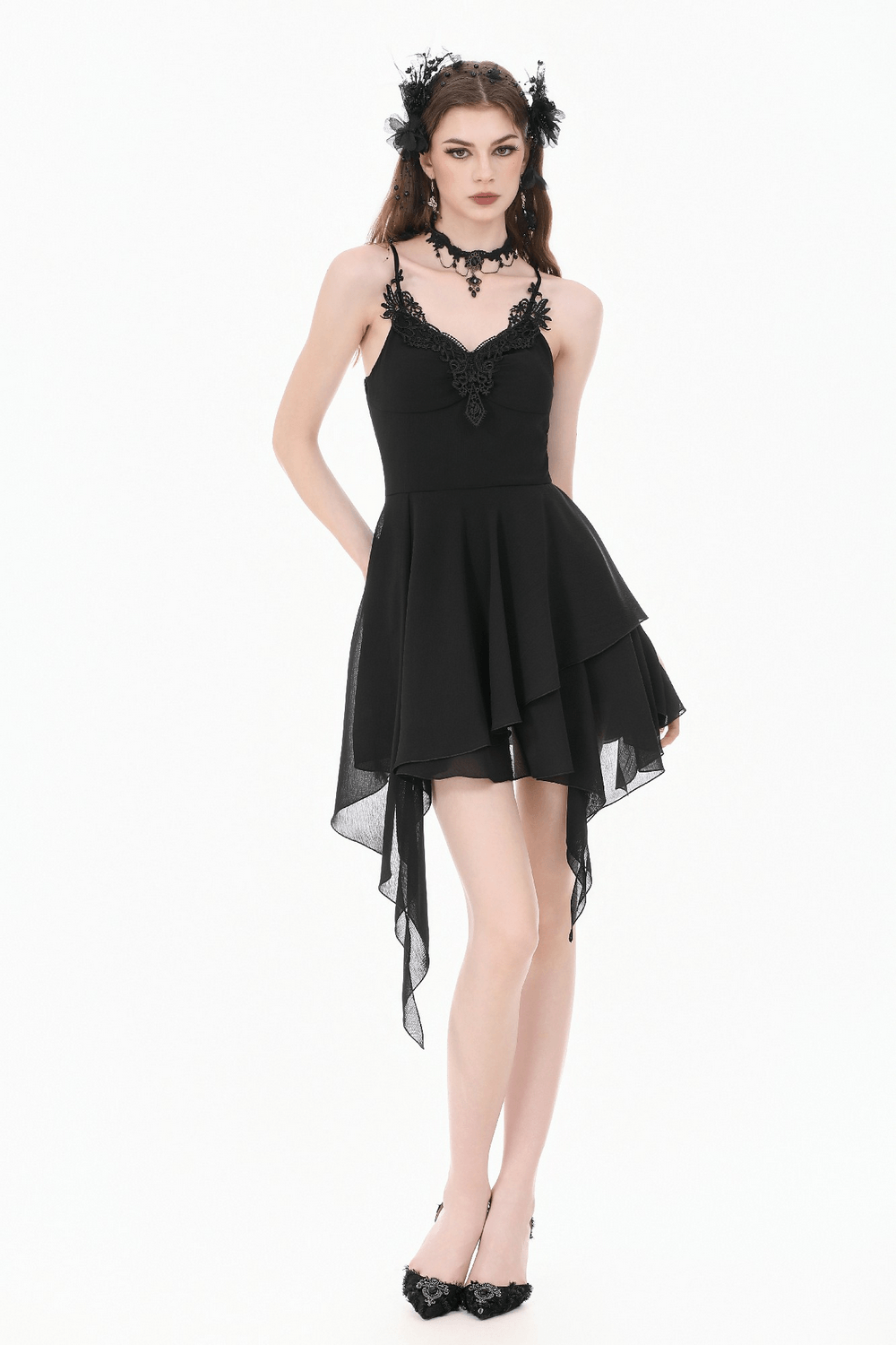 Black Gothic Lace Cami Dress with Asymmetric Hem