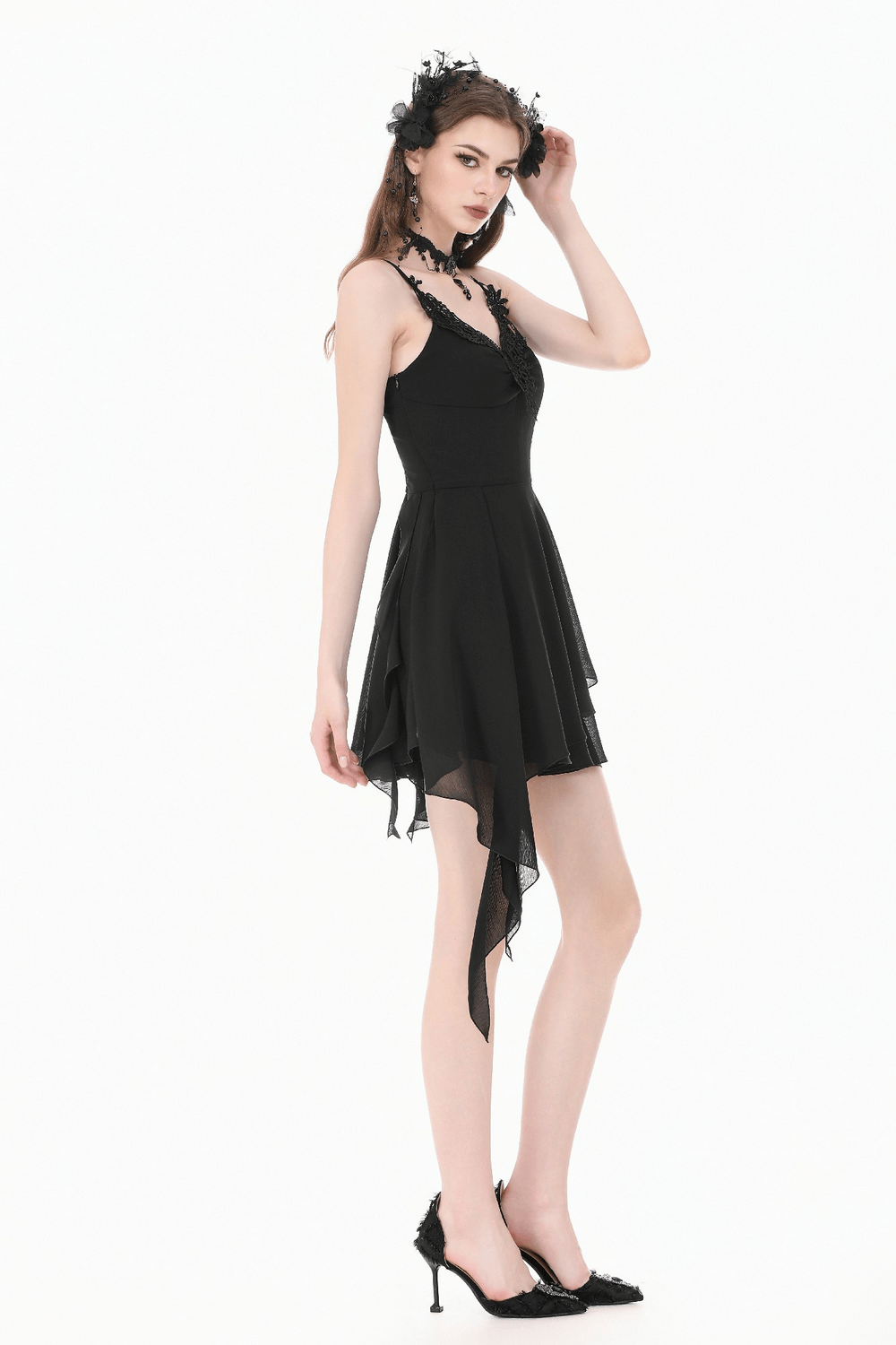Black Gothic Lace Cami Dress with Asymmetric Hem
