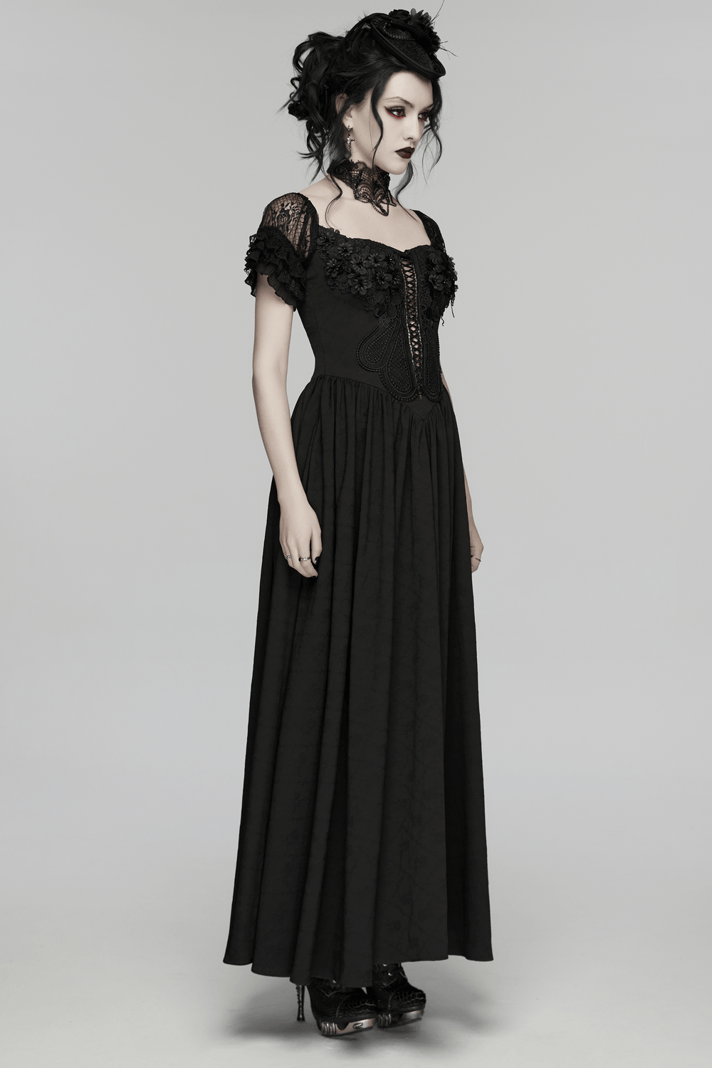 UK SALE of Black Gothic Lace Corset Maxi Dress with Victorian Style