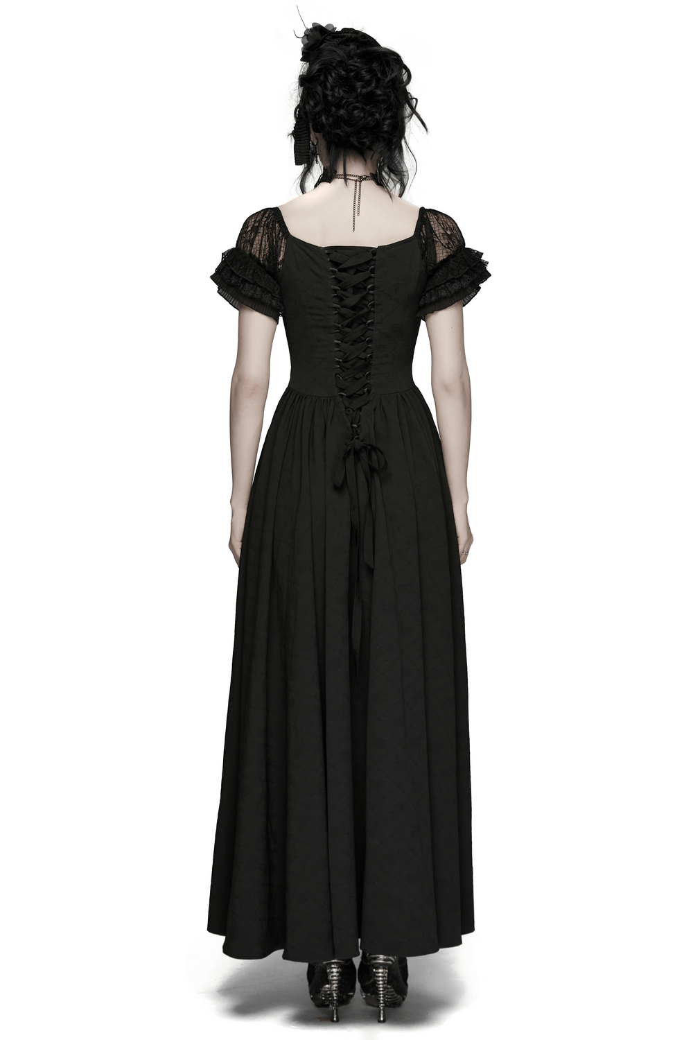 UK SALE of Black Gothic Lace Corset Maxi Dress with Victorian Style