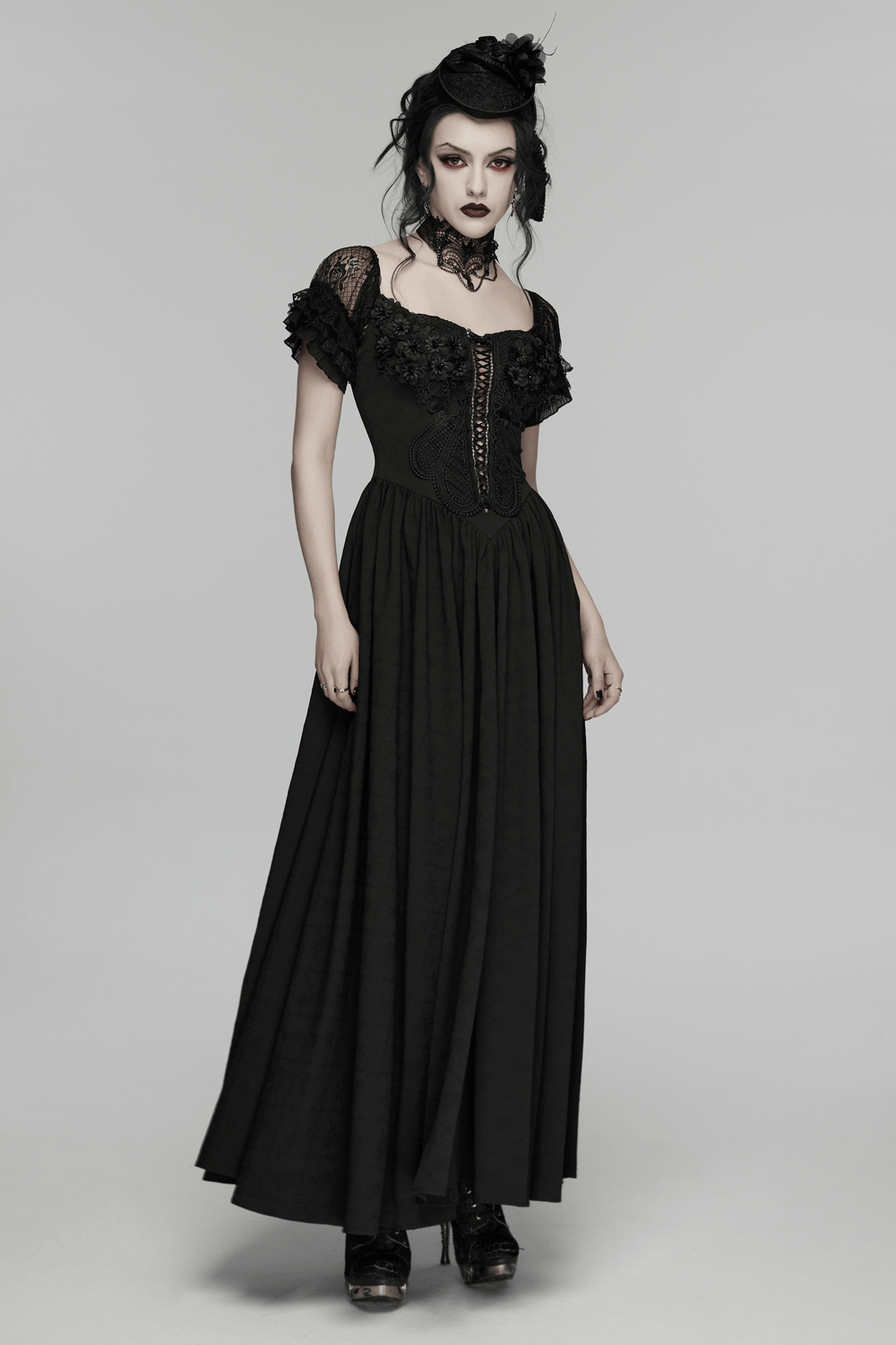 UK SALE of Black Gothic Lace Corset Maxi Dress with Victorian Style