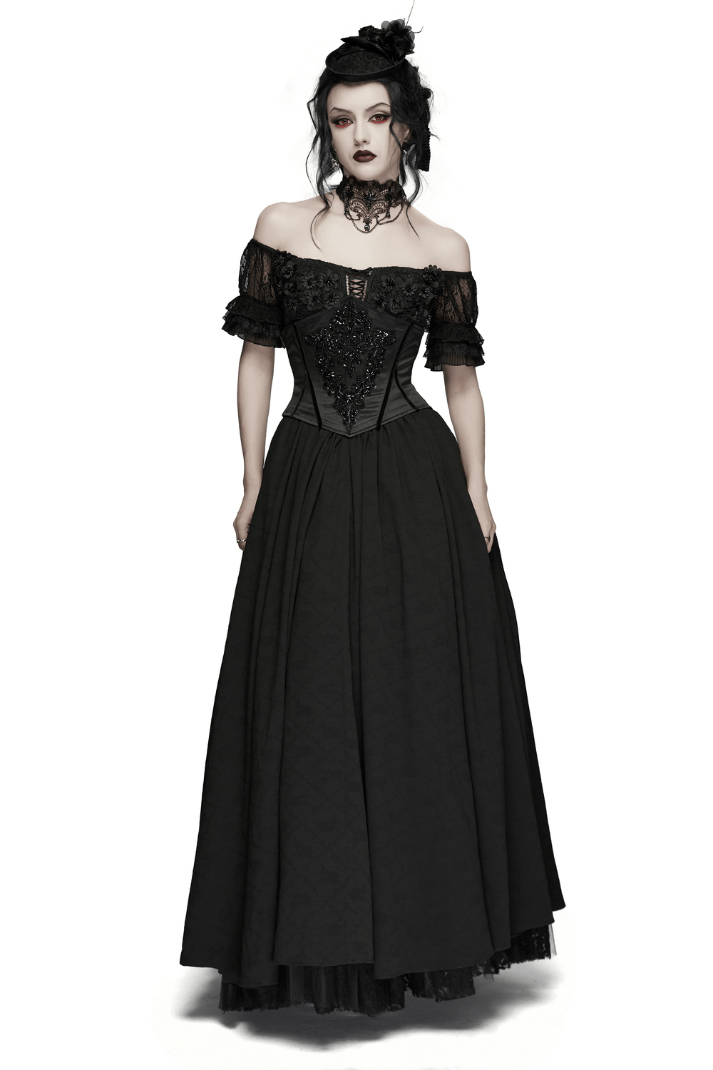 UK SALE of Black Gothic Lace Corset Maxi Dress with Victorian Style