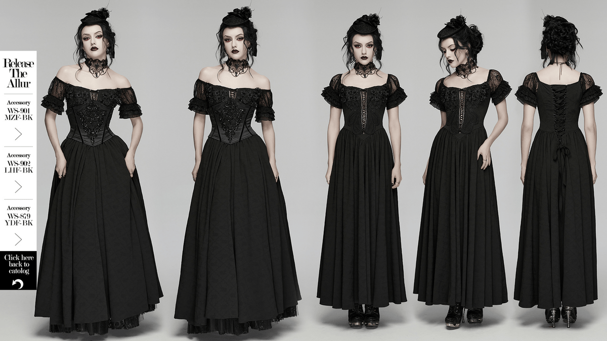 UK SALE of Black Gothic Lace Corset Maxi Dress with Victorian Style