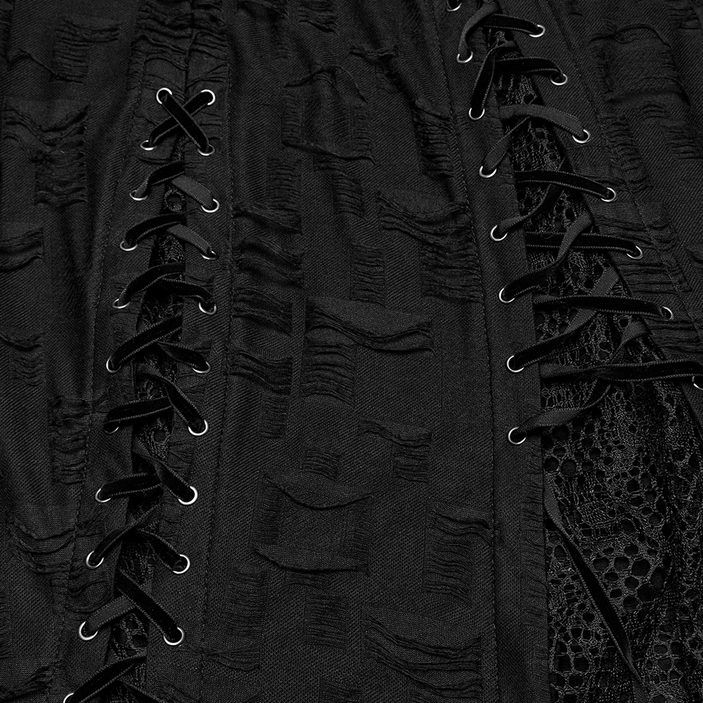 Black Gothic Lace Dress with Asymmetric Hem and Eyelets