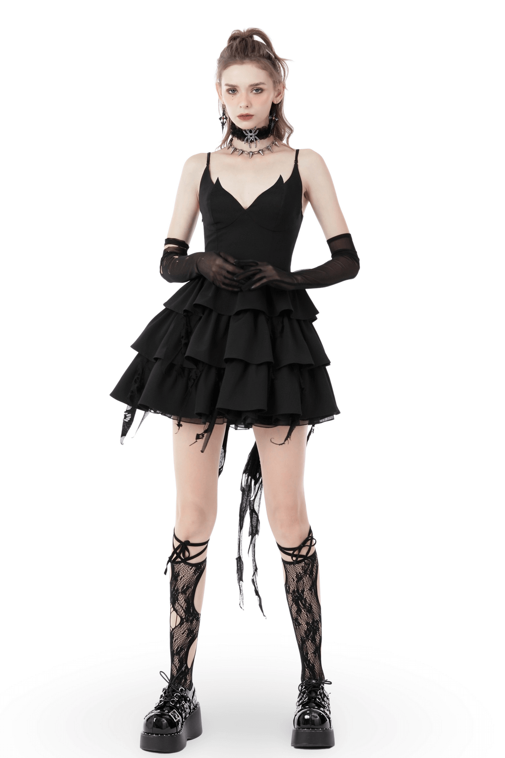 Black Gothic Lace High-Low Dress with Fringe Detailing