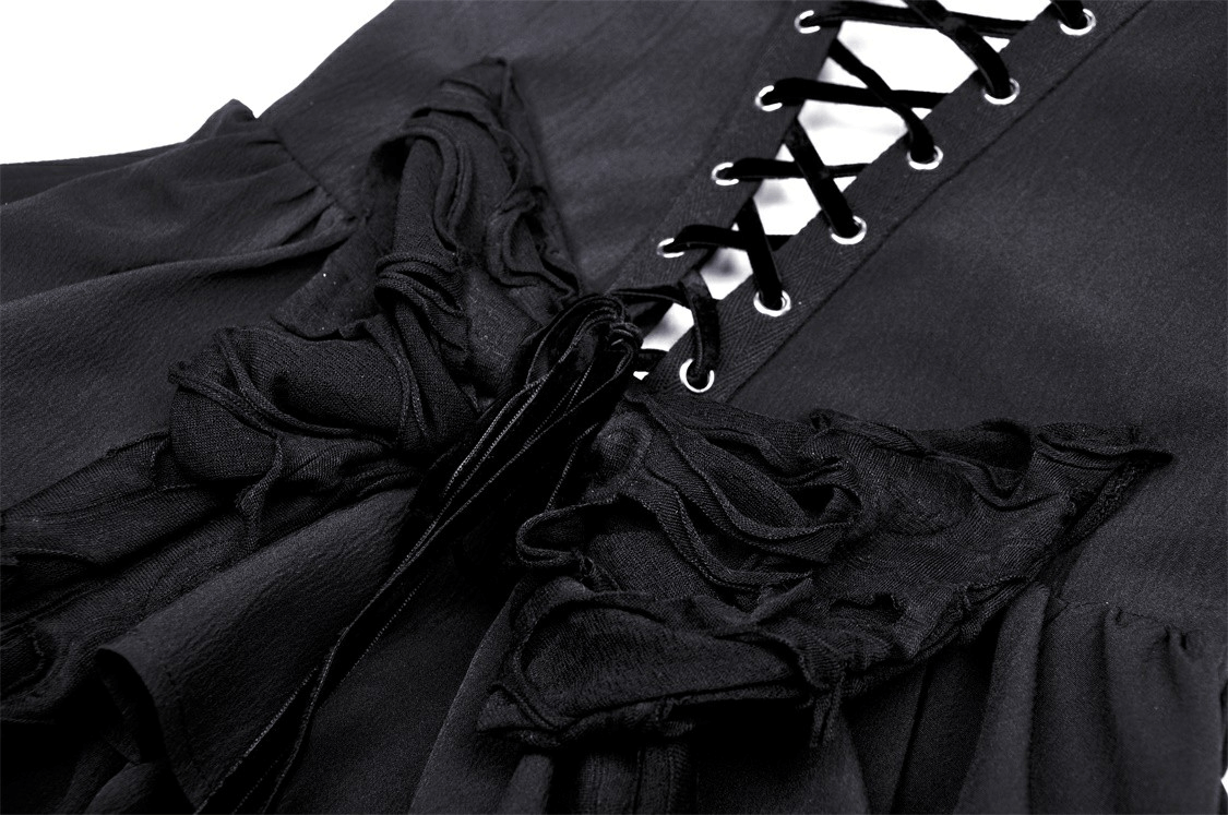 Black Gothic Lace High-Low Dress with Fringe Detailing