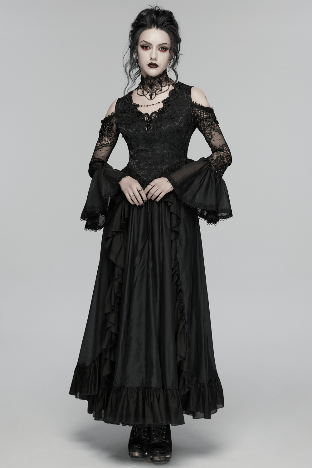 EU SALE of Black Gothic Lace Maxi Dress with Ruffle Sleeves